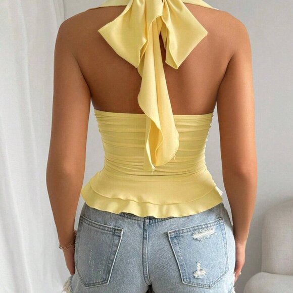 Ruffle Trim Slim Fit Halter Neck Tank Top - Picture 4 of 4